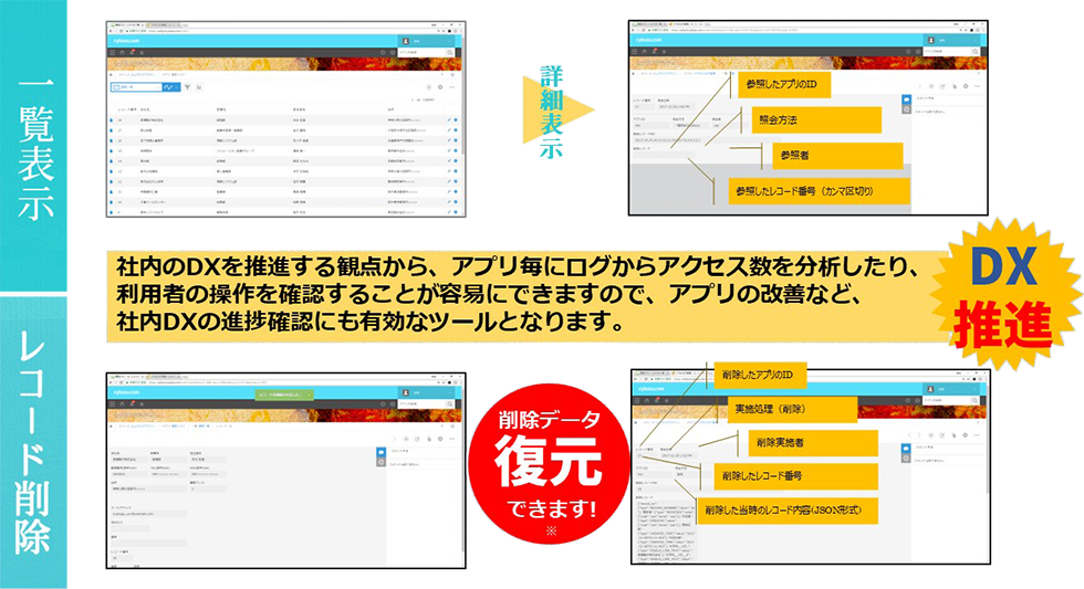 社内のDXを推進する観点から、アプリ毎にログからアクセス数を分析したり、利用者の操作を確認することが容易にできますので、アプリの改善など、社内DXの進捗確認にも有効なツールとなります。